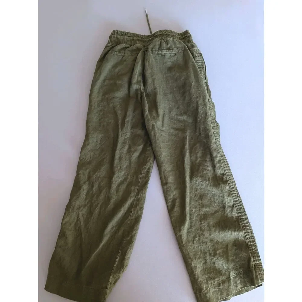 Quince Small 100% Linen Wide Leg Pants Drawstring Martini Olive Green Coastal
